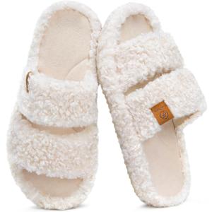 EverFoams Womens Fuzzy Open-toe Slippers Soft Comfy Memory Foam Indoor House Shoes (5-6, Vanilla Ice)