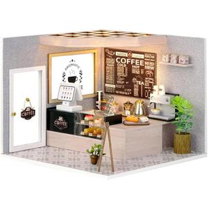 TuKIIE DIY Miniature Dollhouse Kit with Furniture, 1:24 Scale Creative Room Mini Wooden Doll House Accessories Plus Dust Proof for Kids Teens Adults(Coffee Shop)