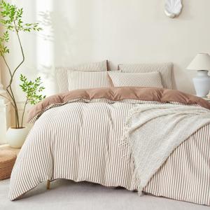 Comforter Set Queen Size Striped Soft Luxury Washed Microfiber Jacquard 3 Pieces Bedding, White Dark Brown Vertical Ticking Stripes Comforter with 2 Pillowcases Breathable Durable Comfy