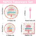 96Pcs Birthday Plates and Napkins Party Supplies, Pink Happy Birthday Cake Theme Party Paper Plates and Napkins Sets for Kids, Serve for 24 Guests, Striped Edge