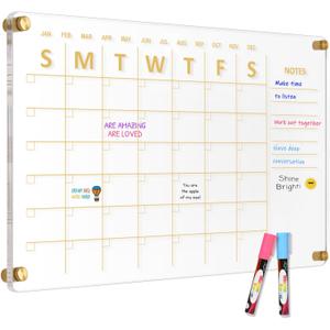 Large Acrylic Calendar for Wall, 24" X 16" Golden Clear Acrylic Wall Calendar, Clear Wet & Dry Erase Calendar Hanging Frameless Monthly Planner for Office, Home or School, 2 Markers