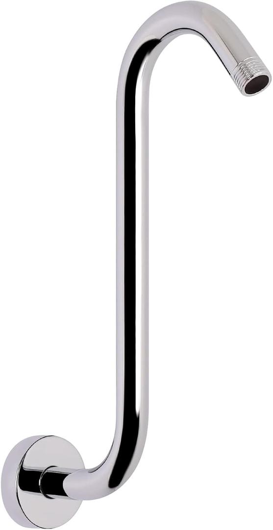 HarJue S Shaped Shower Arm, High Rise Shower Head Extension Pipe Standard 1/2" Connection with Flange, Awesome Shower Experience-Stainless Steel Bathroom Accessory(13 Inch S Shape, Chrome Finish)