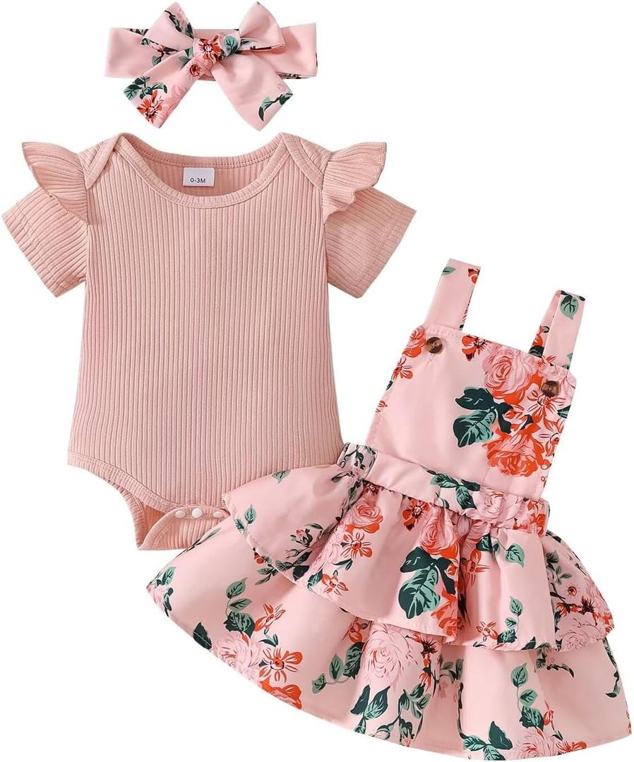 Baby Girl Clothes Cute Summer Outfits Short Sleeve Romper Adjustable Floral Overall Dress Headband 3PCS (Pink, M)