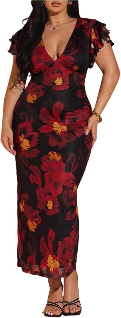 BEAUDRM Women's Plus Size Cocktail Floral Maxi Dress Deep V Ruffle Short Sleeve Bodycon Mesh Wedding Guest Party Dresses Red 4X-Large Plus