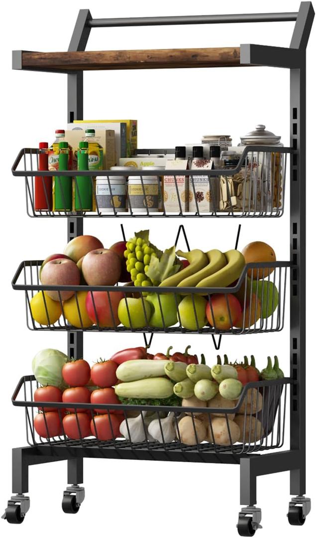 DGSANDGO 4-Tier Slim Rolling Storage Cart, Narrow Kitchen Cart with Lockable Wheels & Water-Resistant Wooden Tabletop, Small Space Utility Cart for Kitchen/Bathroom/Living Room/Laundry Room