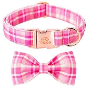 Tunkoo Dog Collar Super Cute Pink Plaid with Bow Tie - Durable Adjustable and Stylish Cotton Pet Collar for Girls Small Medium Large, M