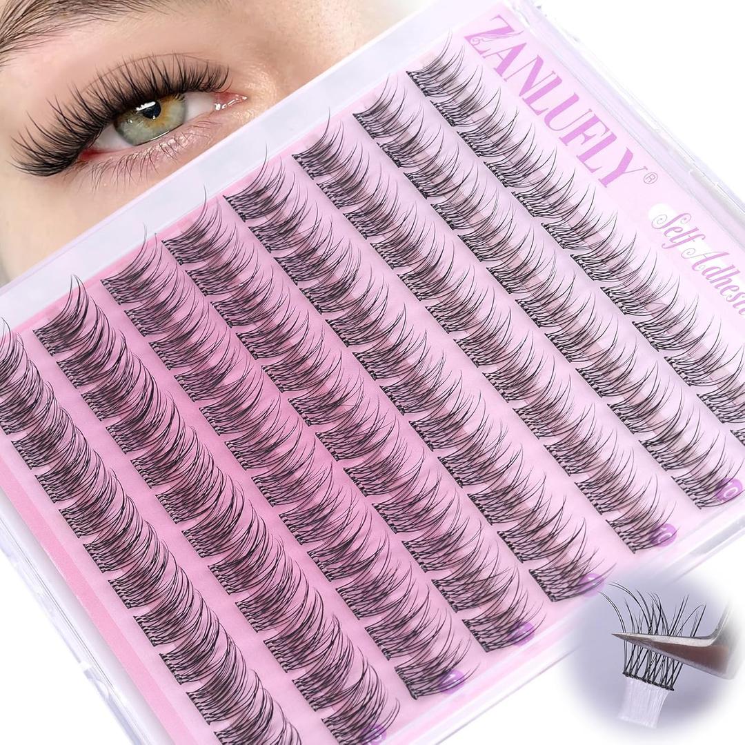 Self Adhesive Lash Clusters Natural Self Adhesive Eyelashes 10-12mm Short Lash Clusters No Glue Needed DIY Pre-glued Eyelash Clusters Wispy Press on Lashes by ZANLUFLY