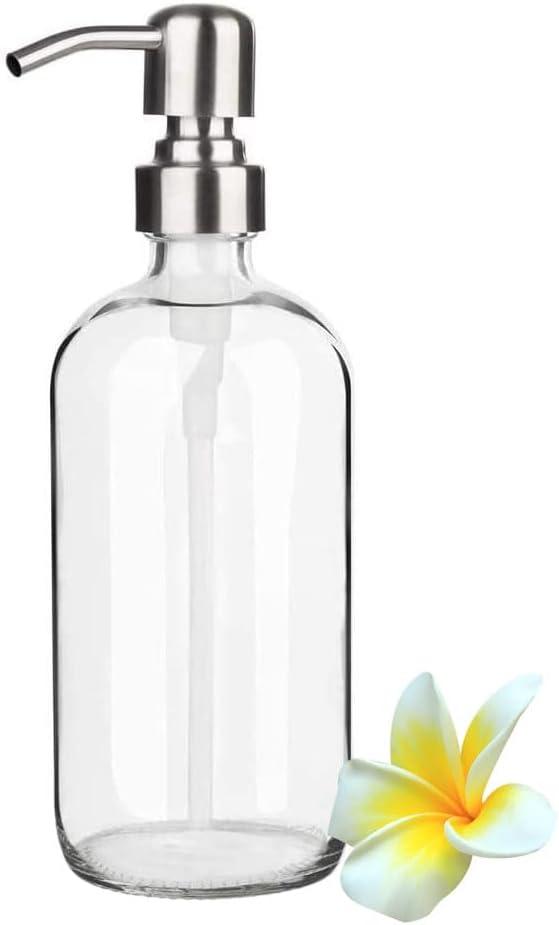 17 Ounce/ 500 ML Clear Glass Soap Dispenser with Stainless Steel Pump Refillable Liquid Hand Soap Dispenser Lotion Round Bottle Container for Kitchen, Bathroom, 1 Pack (Transparent)