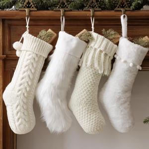 Personalized Christmas Stockings: 4 Pcs 18 Inch White Farmhouse Plush Faux Fur & Cable Knitted Fireplace Xmas Stockings, Rustic Personalized Stocking Hanging Gifts Decorations for Family Holiday Decor