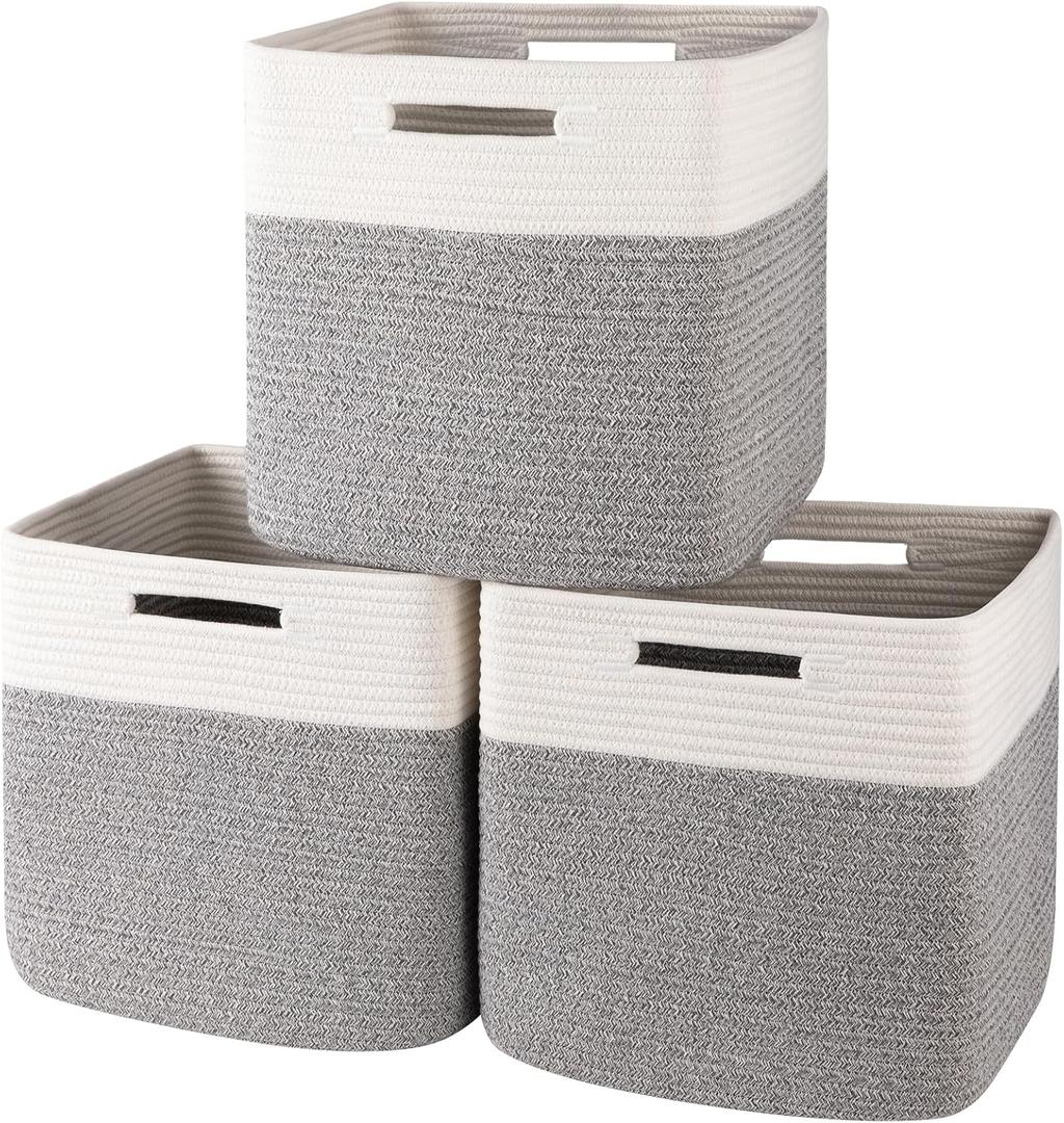 OIAHOMY 13 Inch Cube Storage Bins, 3-Pack Cotton Rope Woven Baskets for Organizing, Insert Storage Baskets for Shelves, Baby Nursery, Closet Organizer, 13 * 13 * 12.6IN, Grey & White