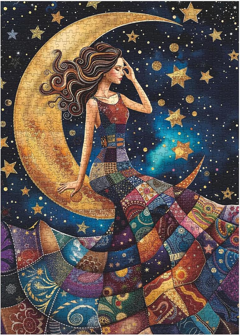 Pretty Women Patch Puzzles for Adults 1000 Pieces, Beautiful Quilt Sewing Art Challenging Jigsaw Puzzles, Colorful Moon Stars Aesthetic Impossible Hard Difficult Puzzle