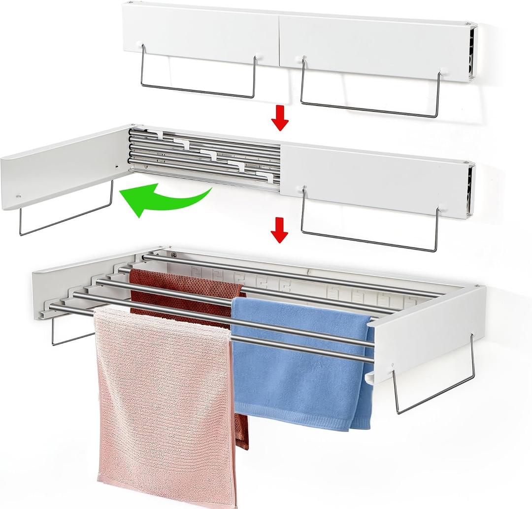 Heshecein Wall Mounted Collapsible Clothes Drying Rack - 5 Stainless Steel Rods, Folding Indoor/Outdoor Laundry Rack for Clothing and Towels - White, 31.5" Wide