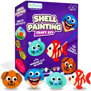 ArtCreativity Seashell Painting Kit for Kids - Sea Shell Craft Kit with 12 Real Seashells, 8 Paint Pots, 2 Glitter Paint Tubes, Air Dry Clay, and More - Summer Arts and Crafts Kits for Girls Ages 4-12