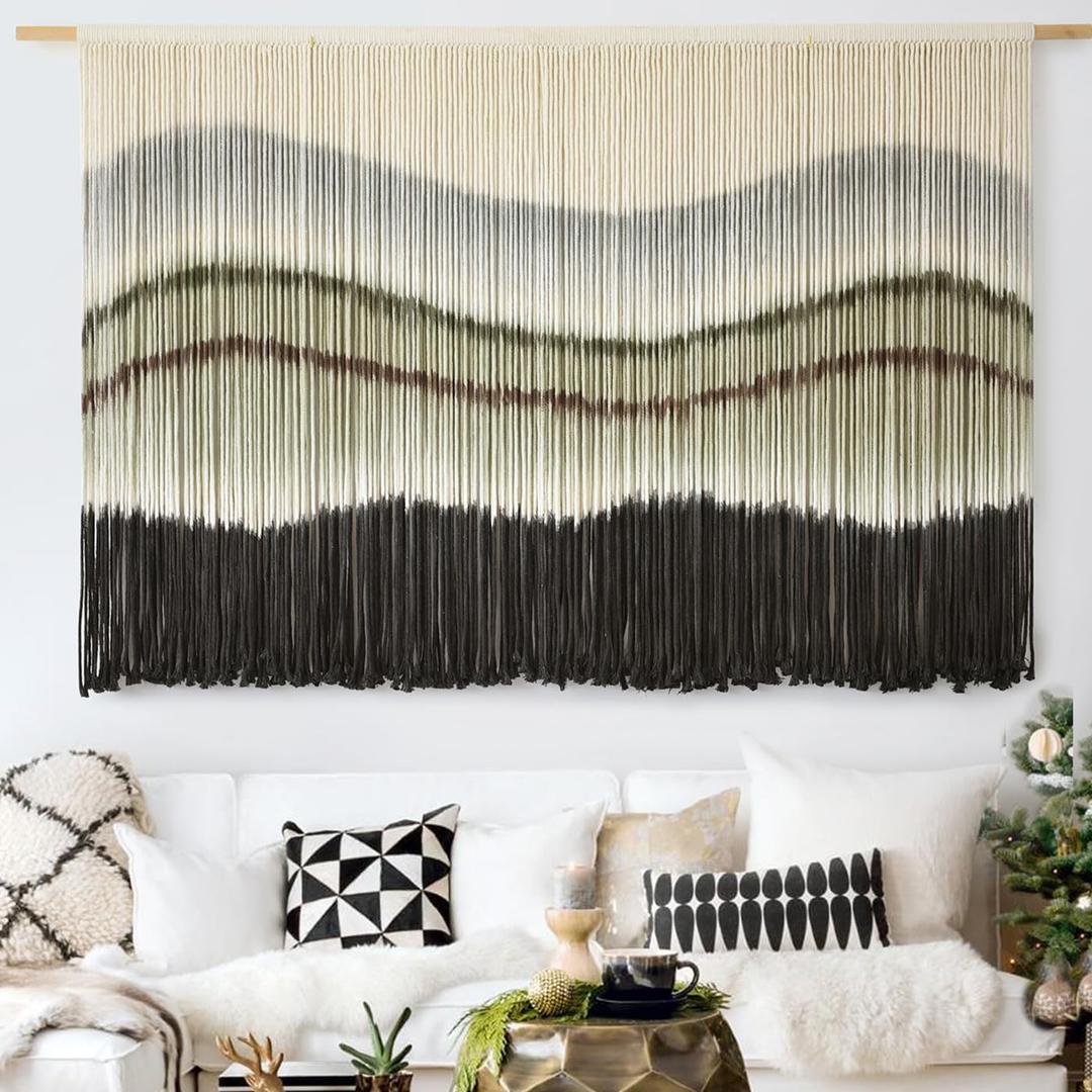 Macrame Wall Hanging Dip-Dye Large Macrame Wall Decor Boho Home Decor Scale Fiber Wall Art Yarn Craftsmanship Art 57" Wx 35" L (Black Grey)