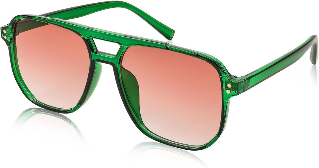 FEISEDY Retro Square Aviator Sunglasses Women Men 70s Vintage Trendy Plastic Frame Sun Glasses B2835 (008 Green Transparent Frame/Reddish Brown Gradient Lens)