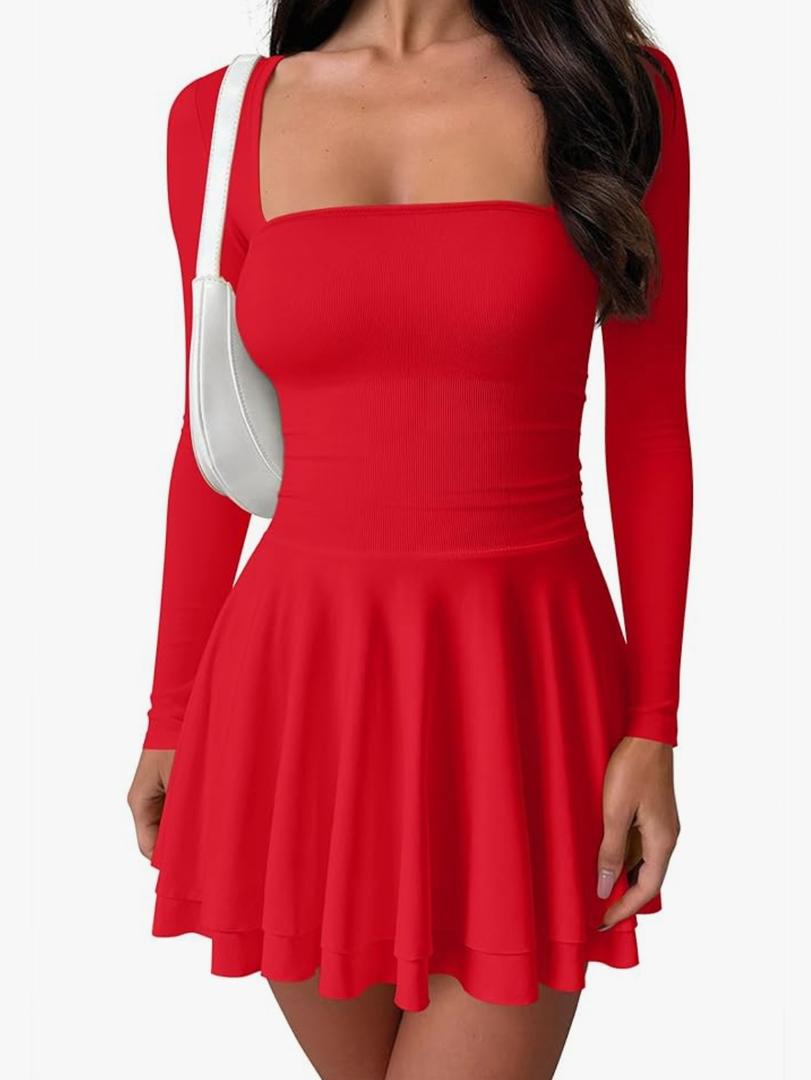 OQQ Long Sleeve Mini Dress Women Cocktail Ruched Waist Ruffle Corset Party A-line Dresses.L