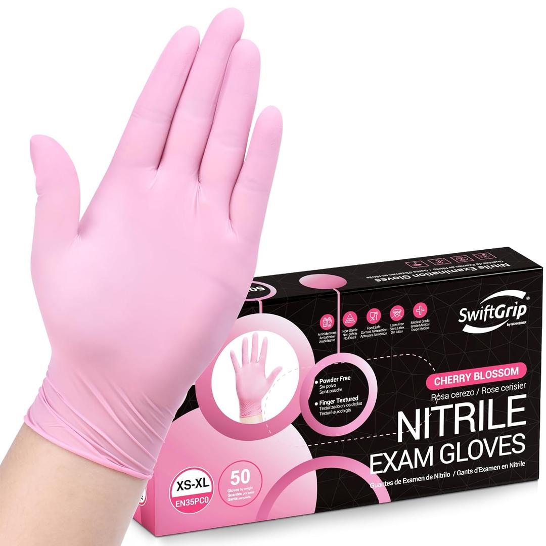 Nitrile Disposable Gloves, 3-mil, Pink Industrial Gloves Disposable Latex Free, Gloves for Cleaning & Esthetician, Pink Rubber Gloves, Pink Cleaning Gloves, Powder-Free, 50-ct Box (XL)