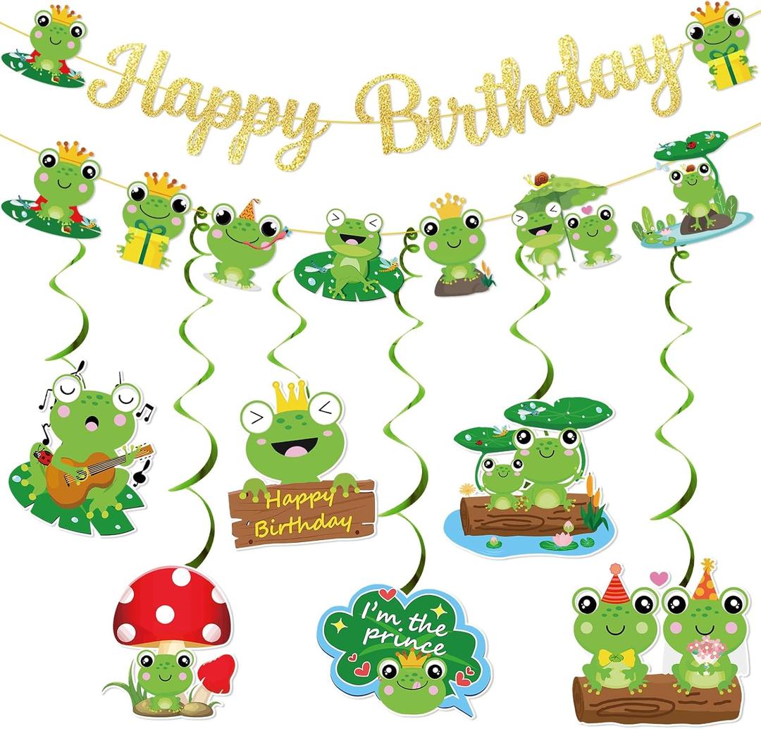 Frog Birthday Banner Gold Glitter with Garland Hanging Swirls, Frog Birthday Party Decorations for Princess Prince Baby Shower Party Decor