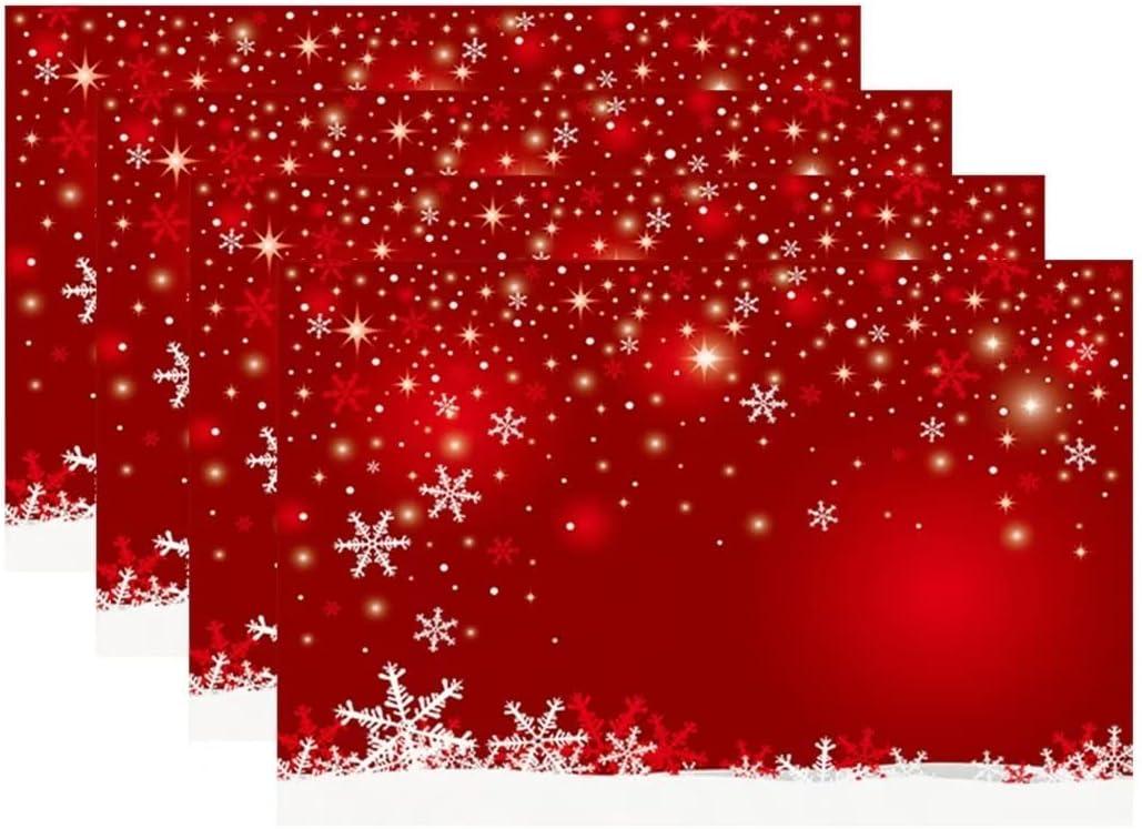 Christmas Placemats Set of 4, Xmas White Snowflake and Red Background Table Mat Placemat Heat Resistant Non Slip Line for Holiday Party Dining Table Kitchen Decor 18" x 12"