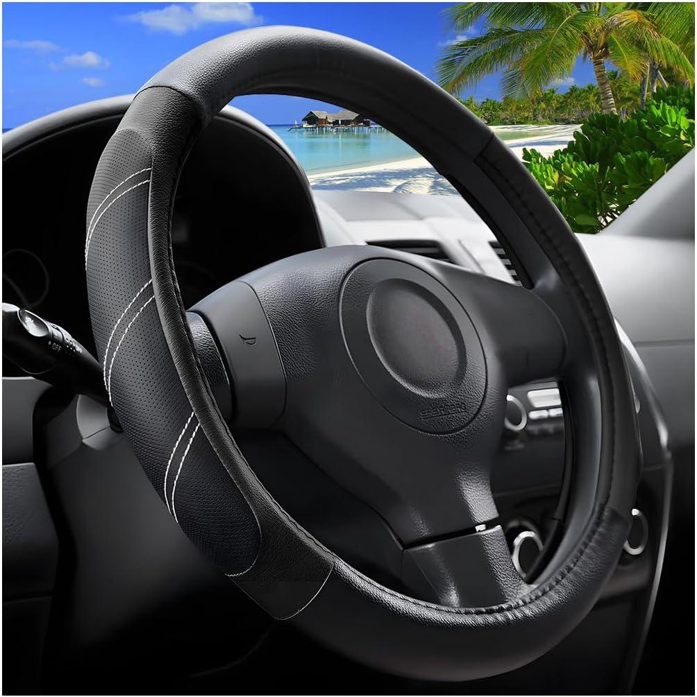 Car Steering Wheel Cover, 15 Inch Carbon Fiber Leather Non-Slip Steering Wheel Protector with Lining, Breathable Automotive Interior Accessories, Universal for SUV RV Truck (Black)