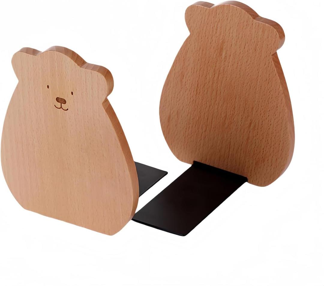 Cute Bear-Shaped Book Ends for Shelves Detachable Design bookends for Heavy Books with Anti-Slip Foam Padsan Ideal Gift for Book Fans(Pack of 2) (Beech)