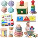 Montessori Toys for Babies 6-12 Months,1 Year Old,8 in 1 Learning Educational Set Wooden Sensory Toys for Baby Toys 12-18 Months (Includes Tissue Box Toy,Rainmaker and More)