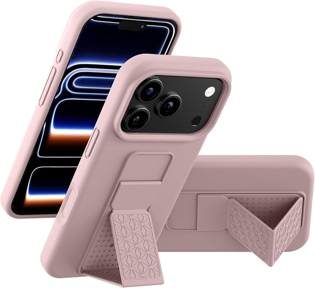 LAUDTEC Silicone Kickstand Case Compatible with iPhone 17 Pro, Vertical and Horizontal Stand Hand Strap Metal Kickstand Cover, Flexible Soft Liquid Silicone Stand Case for iPhone 17 Pro (Pink)