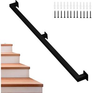 6FT Square Stair Handrail, Hand Rails Stairs, Handrails for Stairs, Black Banister Rails, Industrial Pipe Clothes Rail, Outdoor Indoor Industrial Pipe Stair Banister for Elder and Child