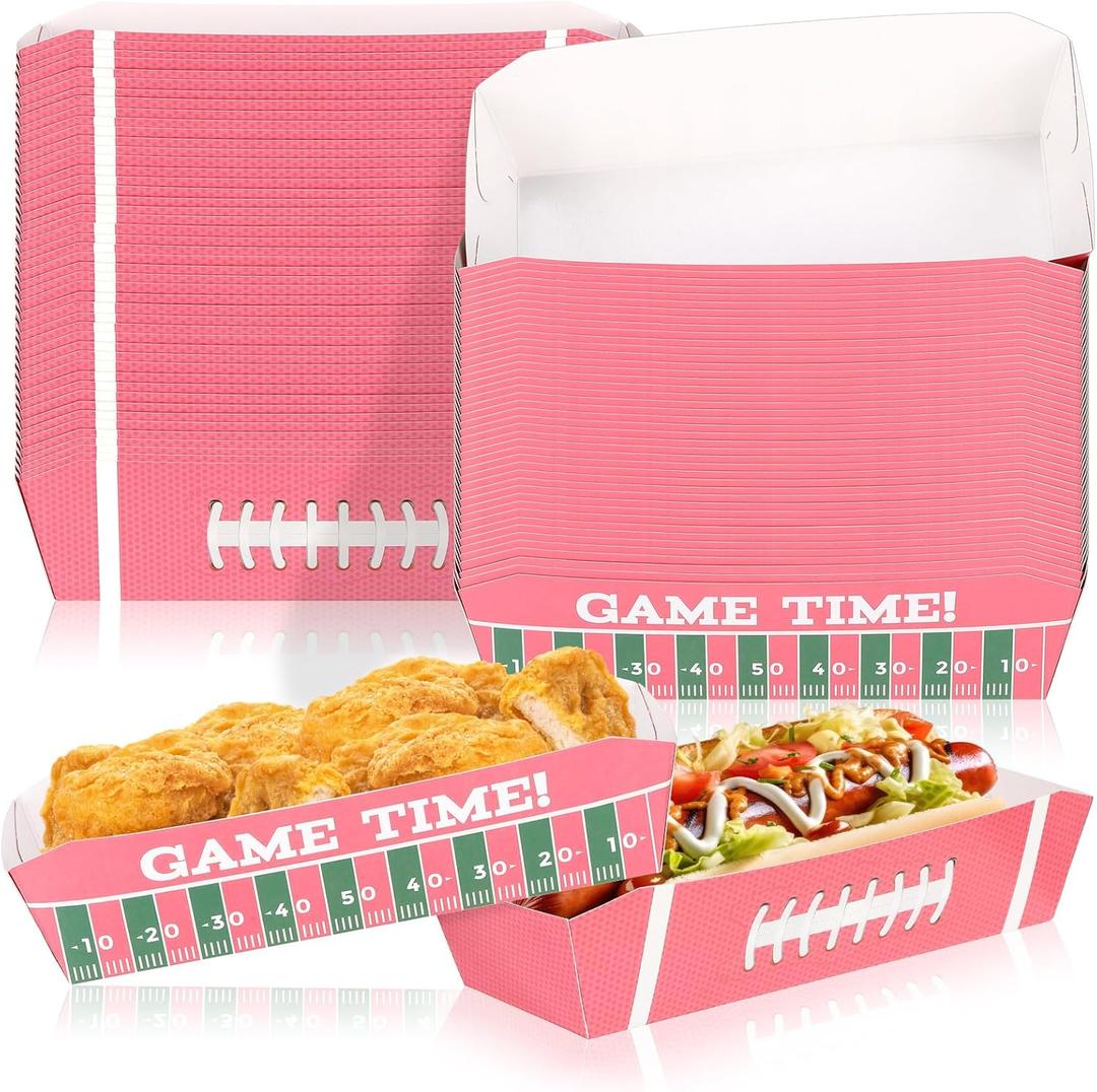 Yeaqee 50 Pcs 7" Football Party Decorations Pink Football Hot Dog Trays Disposable Paper Food Trays Party Snacks Serving Boats Valentines Romantic Sports Serveware for Couples and Fans