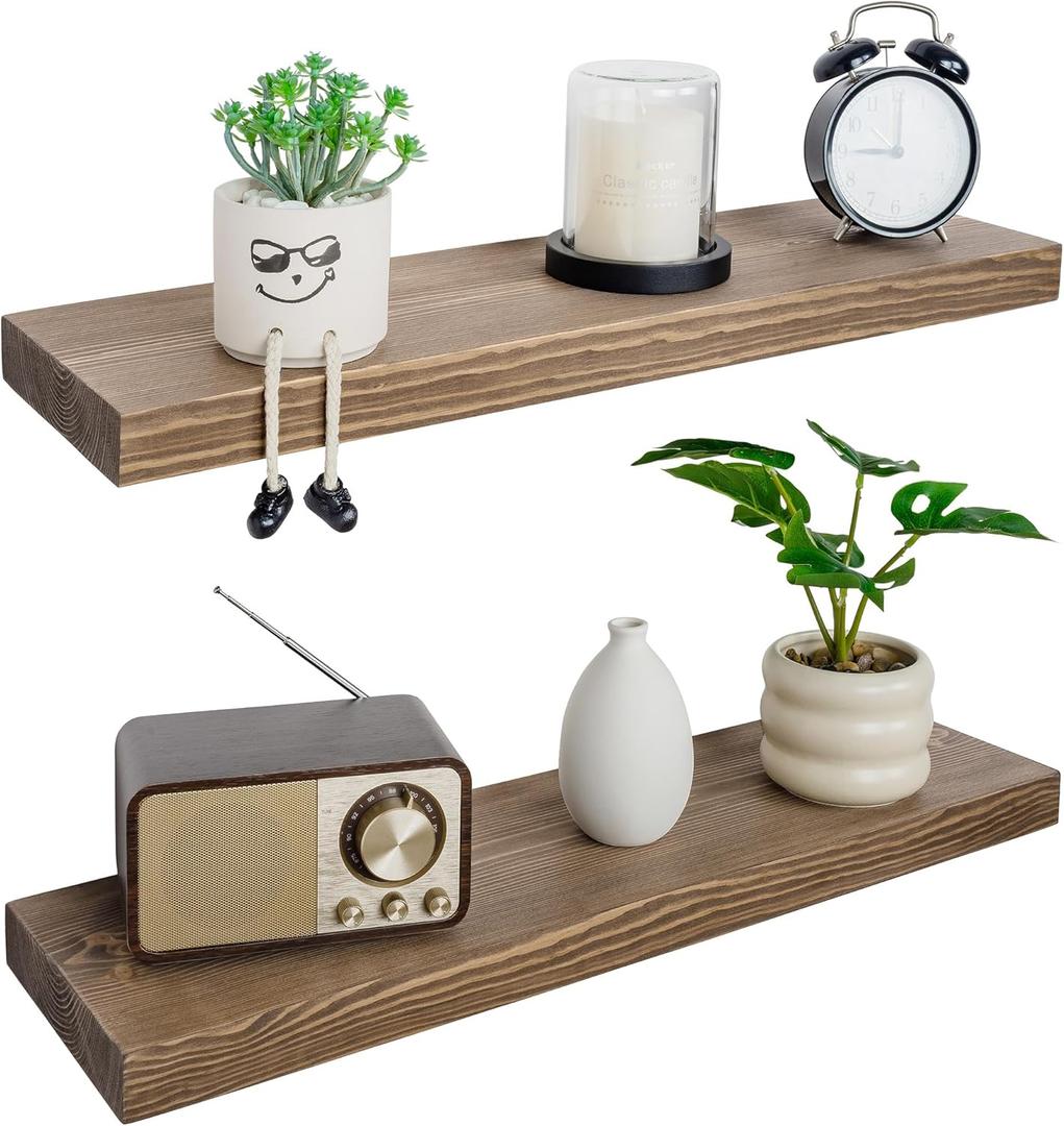 BGMG 30-inch Walnut Floating Shelves for Wall Set of 2, High End Solid Real Wood 30 in Floating Shelf, Rustic Wooden Wall Mount Shelves, Heavy Duty Bracket, 30x6.7x1.25 inch