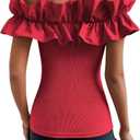 OYOANGLE Women's Ruffle Trim Off Shoulder Short Sleeve Blouse Party Tops Shirt (Red, M)