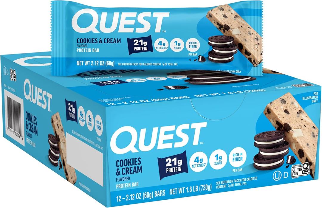Quest Nutrition Cookies & Cream Protein Bars, 21g Protein, 1g Sugar, 4g Net Carb, High Fiber, Gluten Free, Keto Friendly, 12 Count (EXP 03/05/26)