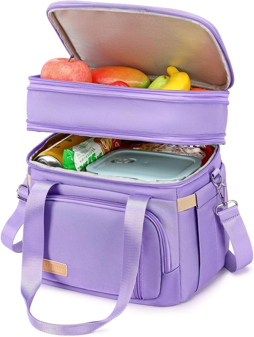 MAPLELILY Lunch Box for Men Women - Double Deck Insulated Lunch Bag, Large Leak Proof Tote Cooler, Wide Open Dual Compartment Lunch Bags with Shoulder Strap, For Work Picnic Hiking Beach, Purple