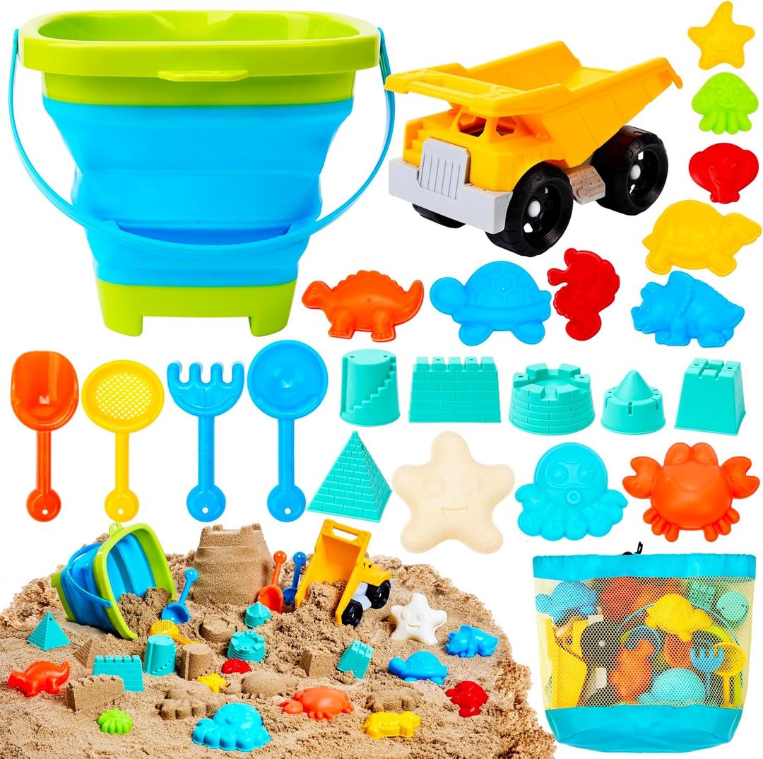 Sloosh Beach Sand Toys Set - Dump Truck Car Toy with Sand Molds for Toddlers Outdoor Play, Collapsible Foldable Buckets Mesh Bag Shovels Castle Animal Mold Sets, Kids Ages Sandbox Toys (Animals)