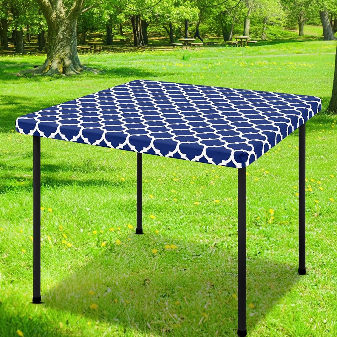 Smiry Square Picnic Table Cover, Waterproof Elastic Fitted Camping Tablecloths, Wipeable Flannel Backed Vinyl Tablecloth Protector for Indoor, Outdoor (Navy, 42x42 Inches)