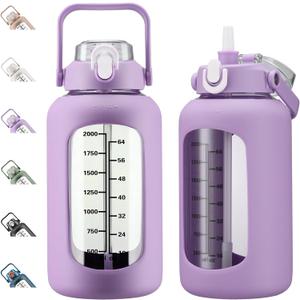 84oz Glass Water Bottle with Straw, 2.5 Liter Large Water Bottle with Silicone Sleeve and OZ Marker, Wide Mouth Gallon Glass Bottle with 2-in-1 Lid, Leakproof Water Jug for Gym Home, Purple
