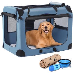 Petprsco Soft Collapsible Dog Crate, 40 inch Portable Dog Crates for Large Dogs, XL Dog Crate for Travel, 3 Door Foldable Pet Kennel with Durable Mesh Windows Indoor & Outside (40x27x27 Inch, Blue)