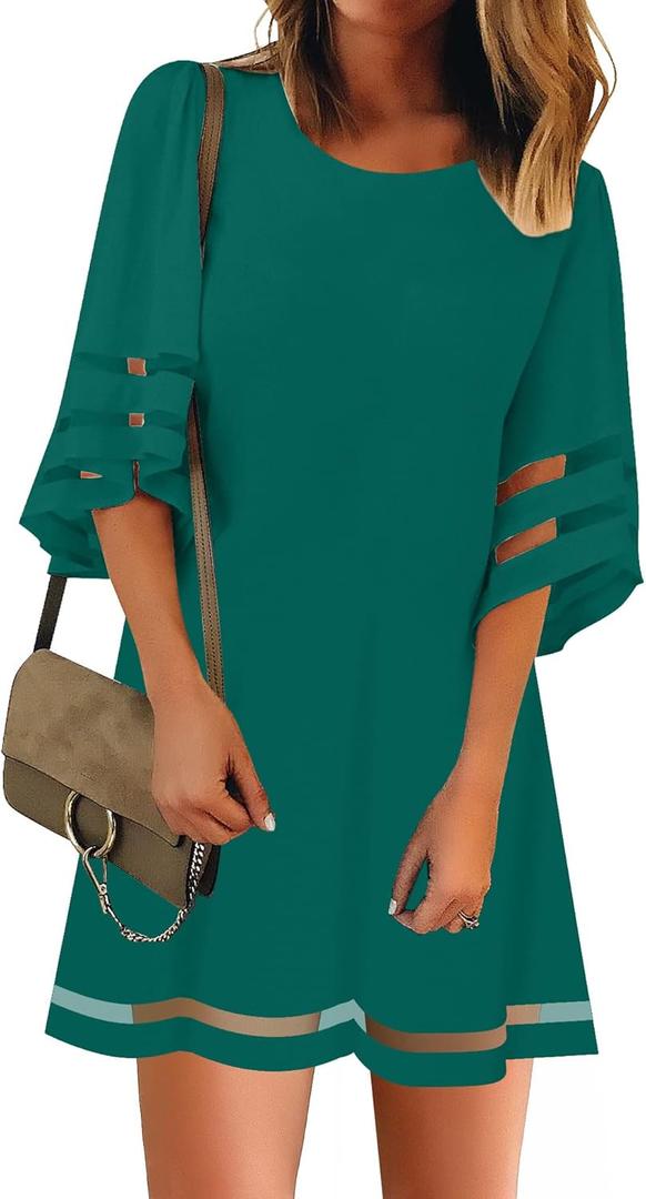 LookbookStore Women Casual Crewneck Mesh Panel 3/4 Bell Sleeve Loose Tunic Dress (X-Large, Evergreen)