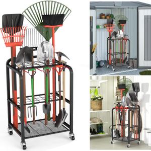 Trieez Garden Tool Organizer for Garage, Yard Tool Organizer Garage w/Wheels for Garage Organization and Storage - Sturdy Yard Tool Holder, Garage Tool Rack, for Garage, Shed, Outdoor, Tool Stand