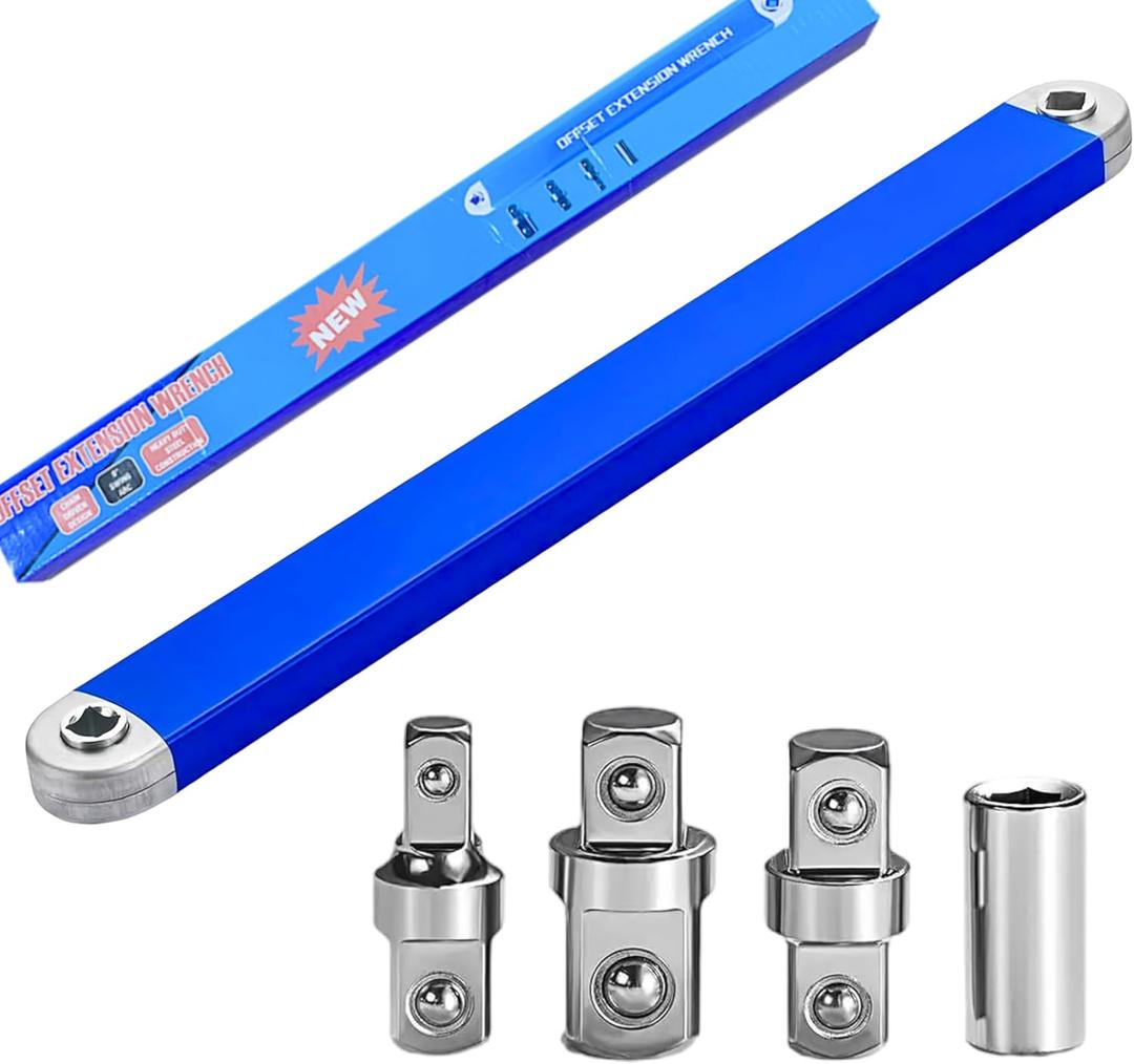 Offset Extension Wrench Set, 15" Impact-Ready Ratchet Extension Tool with 1/4", 3/8" & 1/2" Square Drive Adapters and 1/4" Socket, Zero Degree Tight Access Wrench for Hard-to-Reach Fasteners