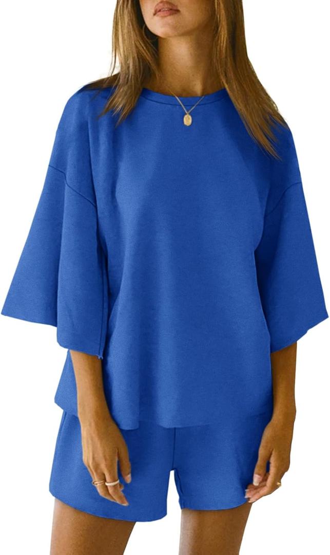 Tankaneo Womens Pajama Sets 3/4 Sleeve Oversized Tops and Elastic Waist Shorts Lounge Sets Loungewear (Large, Blue)