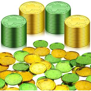 50 Pieces St. Patrick's Day Shamrock Coins Decorative Plastic Coin Green and Gold Fake Coins Small Lucky Coin Clover Coin for St. Patrick's Day Party Supplies, 1.38 Inches