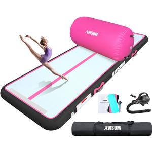 AWSUM 10ft /13ft Gymnastics Mat with Air Roller Tumbling Barrel Back Somersault Backbend Trainer for Inflatable Gymnastics Springboard Back Handspring Equipment, with Electric Pump (10ft*3.3ft*4in&(L)40in*(Diam)23.6", Pink/Black+Pink Roller)