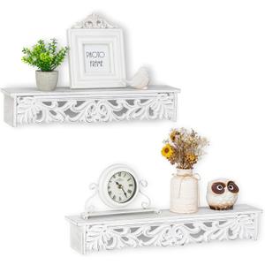 White Wall Shelves French Country Decor - Vintage Floating Shelf Antique Wood Wall Decor Farmhouse Rustic Hanging Shelves for Living Room Bedroom (24"+19")