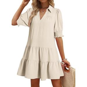 Dokotoo Casual Dresses for Women Lapel Collared V Neck Mid Sleeved Pleated Summer Dresses for Women 2025 Midi Dresses, S