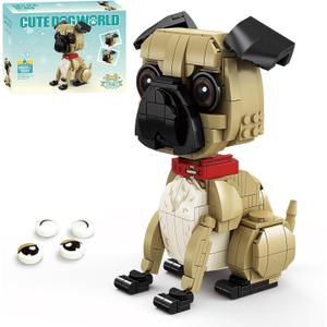 KAZI Ideas Pug Dog Building Toy Sets for Kids Ages 8+, Adorable Dogs Figures with Replaceable Eyes Accessories,Gifts for Dog Lovers,Puppy Model for Boys Girls Who Love Animals,Easter Basket Stuffers