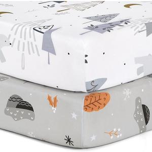 Pack n Play Sheets, BROLEX 2 Pack Mini Crib Sheets, Stretchy Portable Fitted Playard Sheet Set, Convertible Playard Mattress Cover, Ultra Soft Breathable Material, Snowy Forest