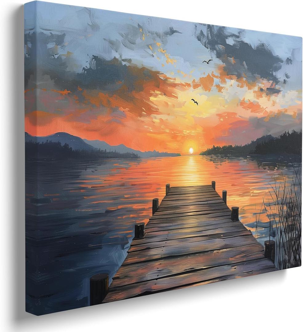 Mountain Lake Sunset Coastal Picture Wall Decor Framed Ocean Beach Canvas Wall Art Sea Pier Prints Poster Sunrise Painting for Bathroom Bedroom Living Room Painting Home Kitchen Decoration (12"x16")