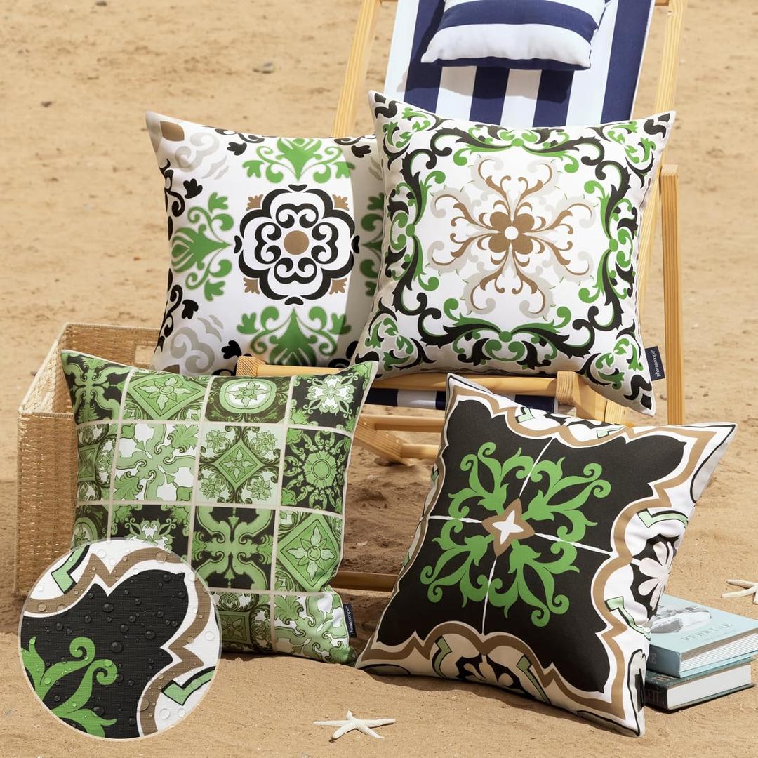 Phantoscope Set of 4 Outdoor Waterproof Throw Pillow Covers, Geometric, Decorative Boho Farmhouse Outdoor Pillows Cushion Case for Home Patio Furniture Tent Sunbrella, Black/Olive Green 18x18 Inches (18" x 18" (Pack of 4))