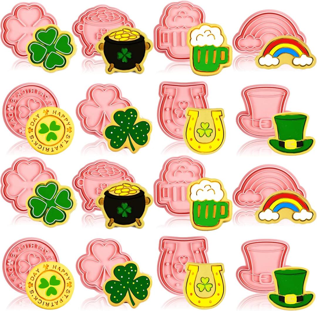 16 Pieces St. Patrick's Day Cookie Cutter 3D Plastic Cookie Stampers Shamrock Four Leaf Clover Horseshoe Beer Mug Gold Pot of Gold Rainbow Hat Biscuit Cutters for Irish Holiday Party (Elegant Style)